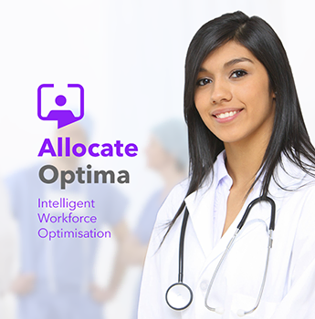 Allocate Optima branding alongside a young female Doctor with defocused physicians in the background
