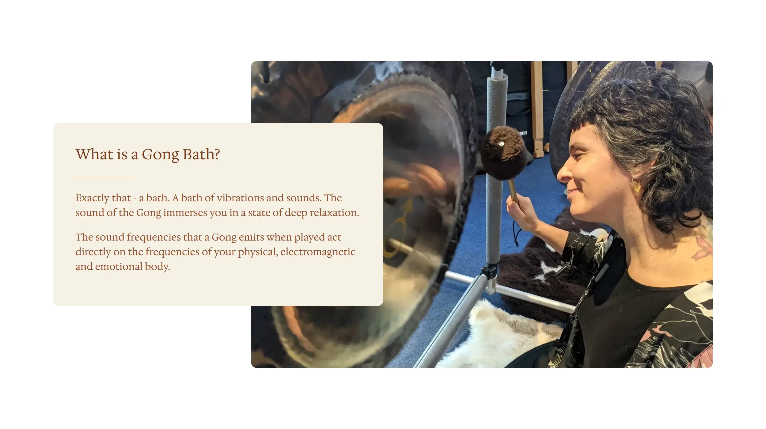 Gongeando Website Visual detailing what a Gong Bath is