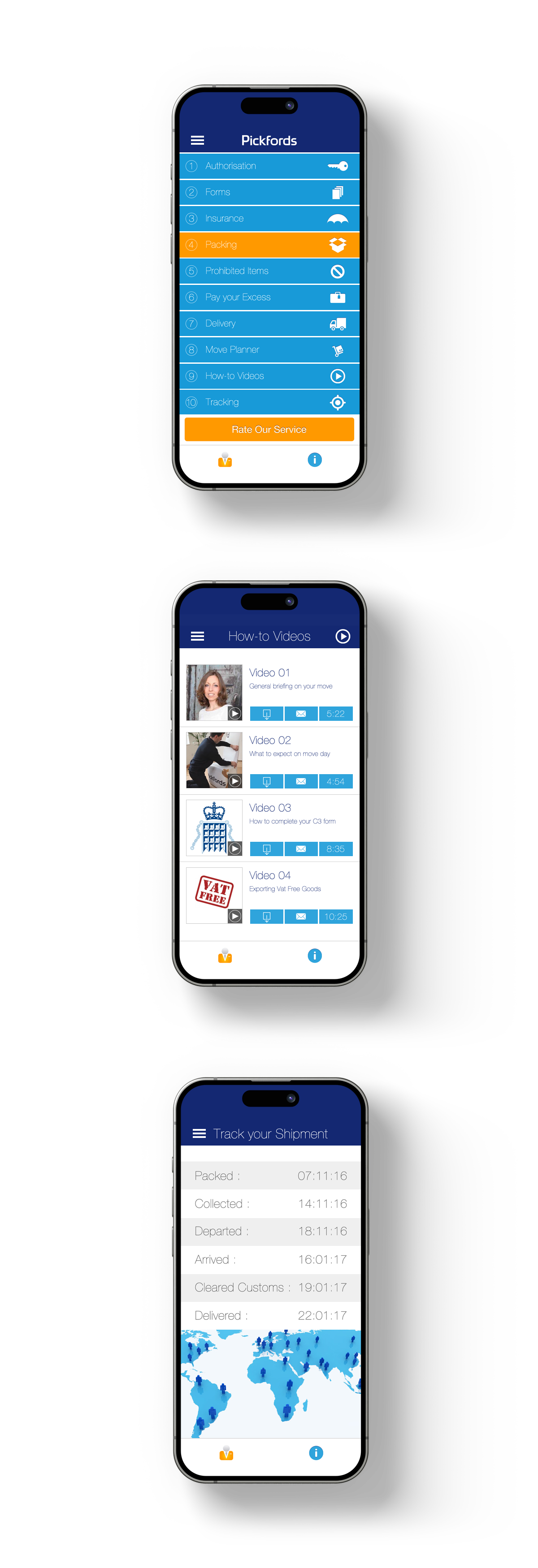 Mockups of Pickfords International Mover App