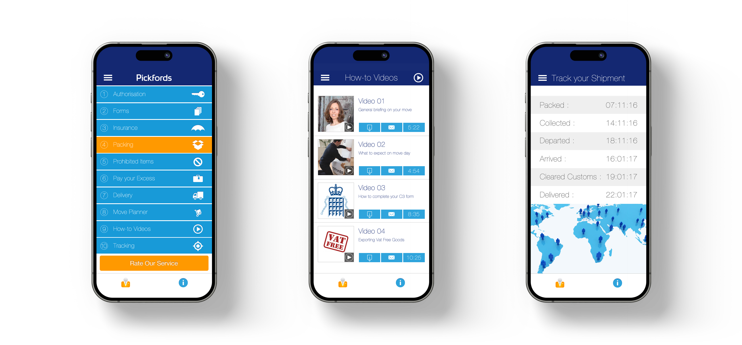 Mockups of Pickfords International Mover App